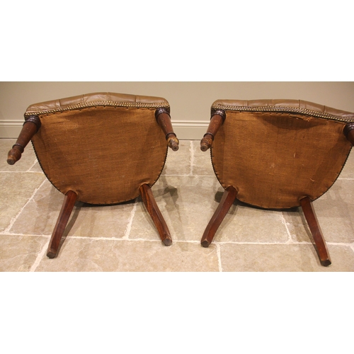 807 - A pair of Victorian style mahogany and olive brown leather desk / library chairs, each with a curved... 