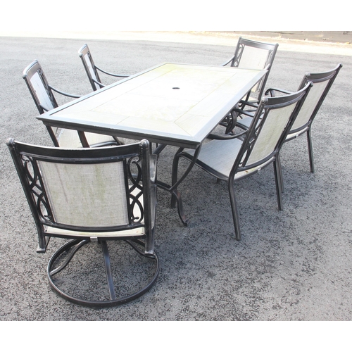 890 - A contemporary simulated slate top garden/patio table, upon a painted tubular box section frame, 75c... 