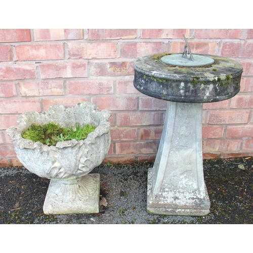 871 - A reconstituted stone sun dial, with a pyramidal shaped pedestal, drum shaped top with applied brass... 