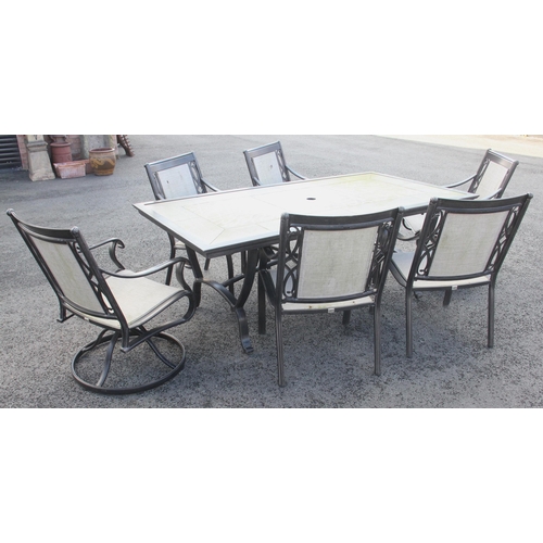 890 - A contemporary simulated slate top garden/patio table, upon a painted tubular box section frame, 75c... 