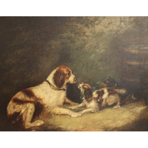 298 - Manner of George Armfield (British, 1808-1893),  
Spaniels and a terrier in a landscape with barrel,... 