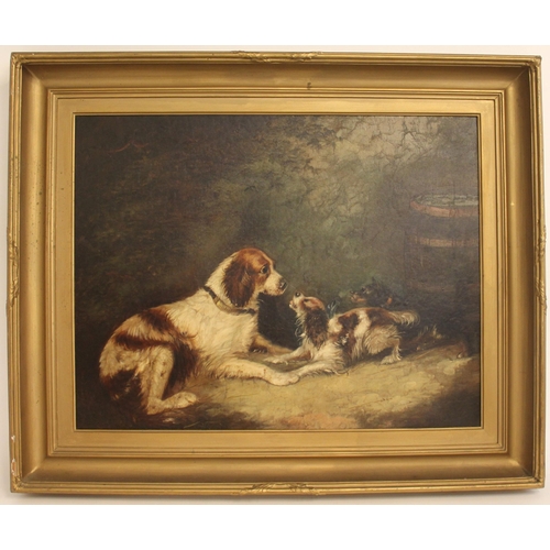 298 - Manner of George Armfield (British, 1808-1893),  
Spaniels and a terrier in a landscape with barrel,... 