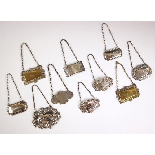 101 - A selection of ten silver plated and white metal decanter labels, to include 'Sherry', 'Whisky', 'Po... 