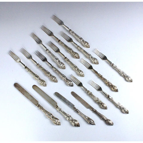 102 - A set of twelve continental silver plated Alberts pattern style forks, indistinctly stamped, 19cm lo... 