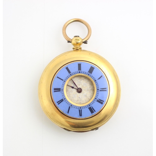 126 - A yellow metal ladies half hunter pocket watch, the circular white dial with Roman numerals and cent... 