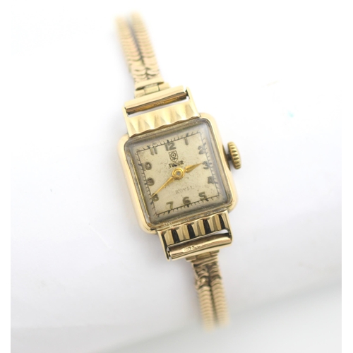 128 - A yellow metal ladies Tudor wristwatch, the square dial with Arabic numerals, set to a plain polishe... 