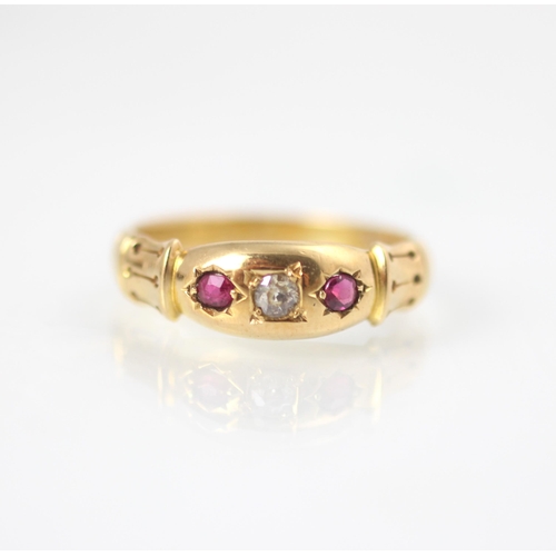 176 - A Victorian diamond and untested ruby ring, the old cut diamond set with a round cut untested ruby t... 