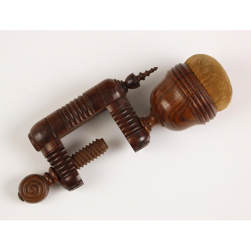 255 - A Victorian treen sewing clamp, late 19th century/early 20th century, with pin cushion top, 13cm lon... 