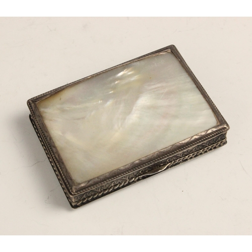 40 - A continental white metal and mother of pearl trinket box, the overlay white metal decorated hinged ... 