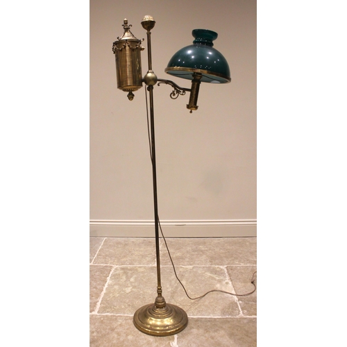 689 - A brass floor standing adjustable students lamp, late 19th/early 20th century, later converted, the ... 