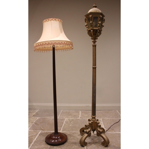 695 - A giltwood standard lamp/lantern, early 20th century, the lantern of hexagonal form with a domed cov... 