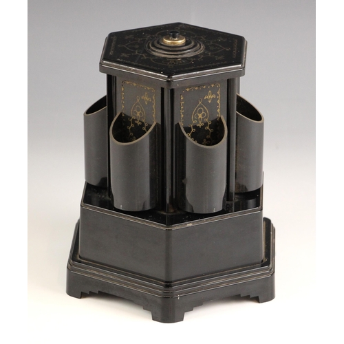 741 - A Swiss novelty clockwork musical cigarette box by Reuge, 20th century, of hexagonal form on stepped... 