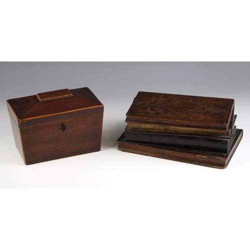 742 - An Edwardian walnut box modelled as a stack of antiquarian bindings, the detachable top volume revea... 