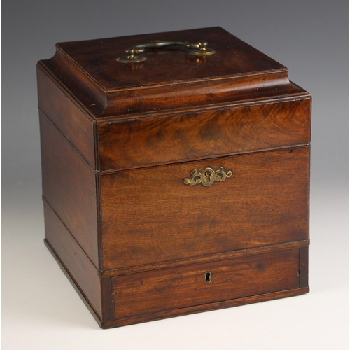 744 - A George III mahogany apothecary box, the hinged cover with a brass swan neck swing handle opening t... 