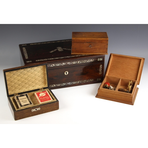 749 - A rosewood and mother of pearl inlaid stationery box, mid 19th century, opening to a baize lined slo... 