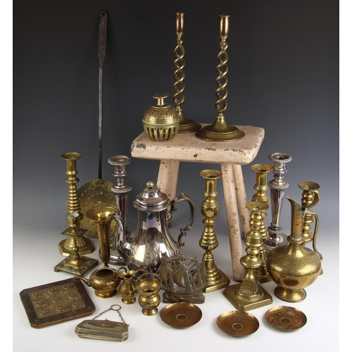 757 - A selection of brass candlesticks, 19th century and later, to include a pair of ejector candlesticks... 