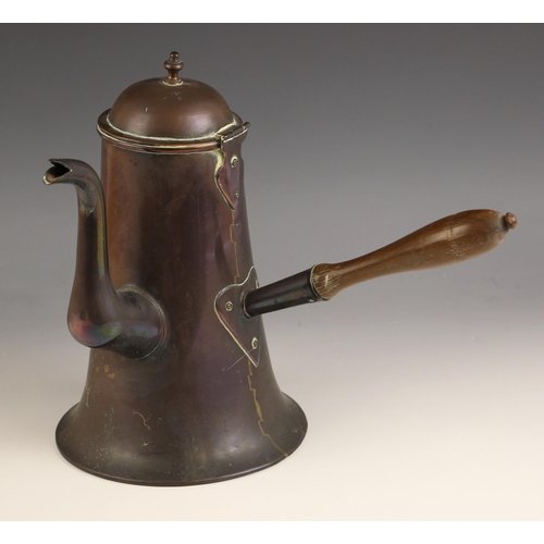 758 - An Arts and Crafts copper chocolate pot, late 19th century, of typical form, the hinged cover with s... 