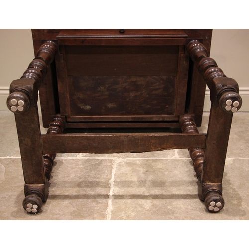 781 - An early 18th century walnut side table, the rectangular moulded top over a single frieze drawer, up... 