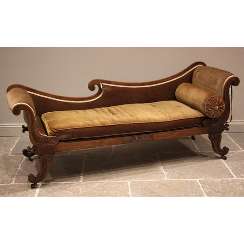 799 - A Regency Empire simulated rosewood framed, twin scroll end sofa, the scrolled frame inset with bras... 