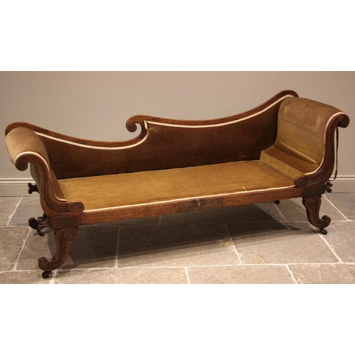 799 - A Regency Empire simulated rosewood framed, twin scroll end sofa, the scrolled frame inset with bras... 