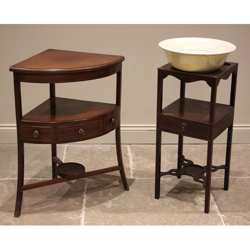 820 - A George III mahogany washstand, the square top with central bowl aperture and associated lustre bow... 