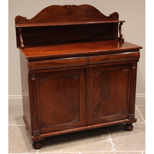 828 - A Victorian mahogany chiffonier, the raised back with scroll terminals and a single shelf upon 'S' s... 