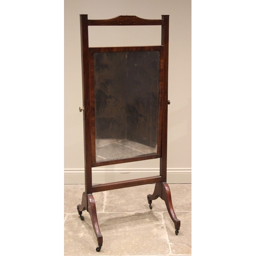 846 - A 19th century mahogany cheval mirror, the frame of square section outlined with boxwood stringing, ... 