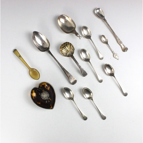 86 - A selection of silver flatware, including a set of five silver Old English pattern teaspoons, James ... 