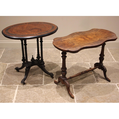 864 - A Victorian ebonised and amboyna occasional table, the oval quarter veneered top with an ebonised ri... 