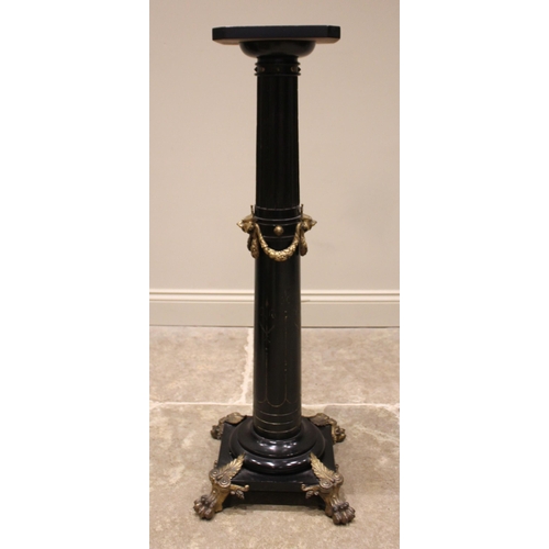 875 - An Empire Movement ebonised hardwood pedestal, late 19th century, the tapering fluted column applied... 