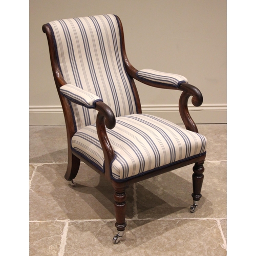 881 - A mid 19th century rosewood open armchair, later re-covered in striped fabric, the raked upholstered... 