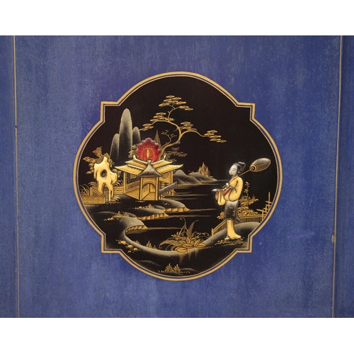 888 - A blue chinoiserie wardrobe/linen press, early 20th century, the flat top cornice with canted corner... 