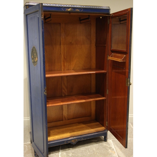 888 - A blue chinoiserie wardrobe/linen press, early 20th century, the flat top cornice with canted corner... 