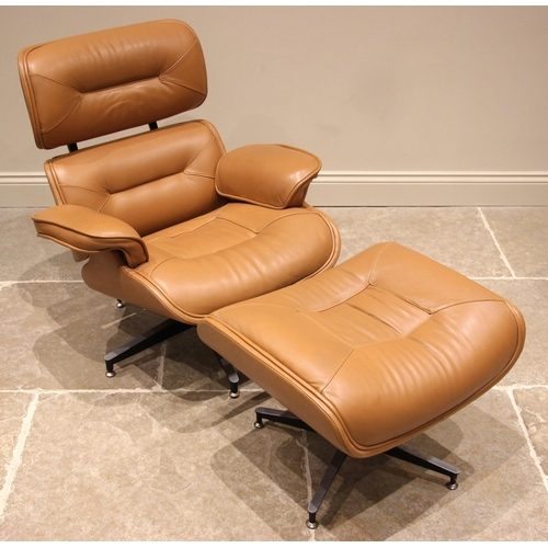 908 - Manner of Charles and Ray Eames for Herman Miller: a tan leather revolving lounge chair with conform... 