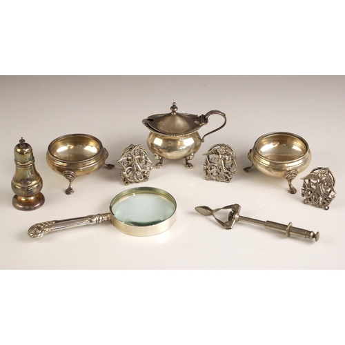 92 - A selection of silver and silver plate, including a pair of George V silver open salts, indistinct m... 