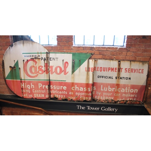 678 - An unusual vintage three section enamel sign reading 'Castrol Lubrequipment Service Official Station... 