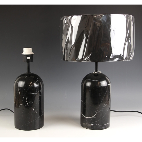 685 - A contemporary Danish marble table lamp by Frandsen Lighting, of bullet form with black drum shade, ... 