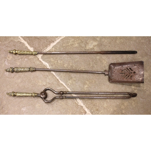 751 - A set of three 19th century bronze and steel fire irons, the cast bronze handles with foliate termin... 