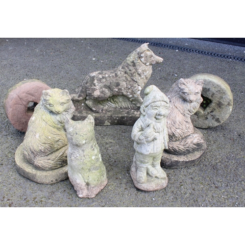 922 - Five reconstituted stone garden ornaments, to include two cats and a dog, the tallest 33cm high, alo... 