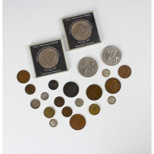 107 - A Commonwealth two pence, half groat (1649-1660) with a 1791 token, two 1977 crowns, two 1981 commem... 