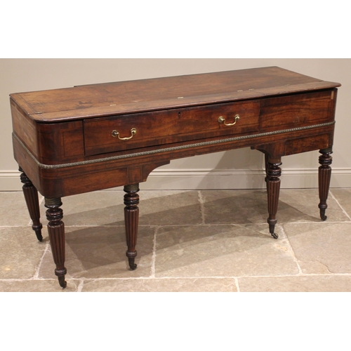 818 - An early 19th century mahogany cased spinet, later converted to a console/side table, inlaid with eb... 