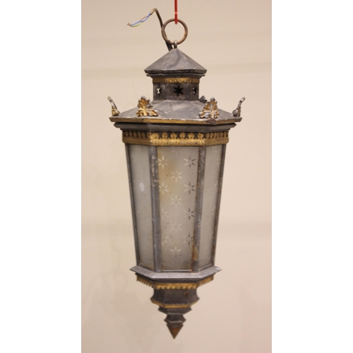 692 - A hanging ceiling lantern, possibly Italian, early 20th century, highlighted with gilt detail, of ta... 