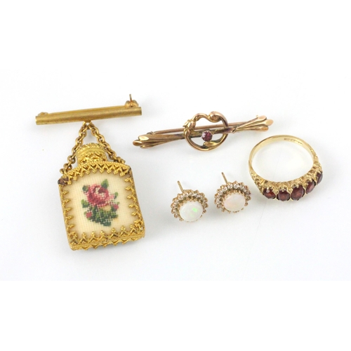 114 - A selection of jewellery, including a 9ct yellow gold untested garnet set ring, in Victorian style, ... 