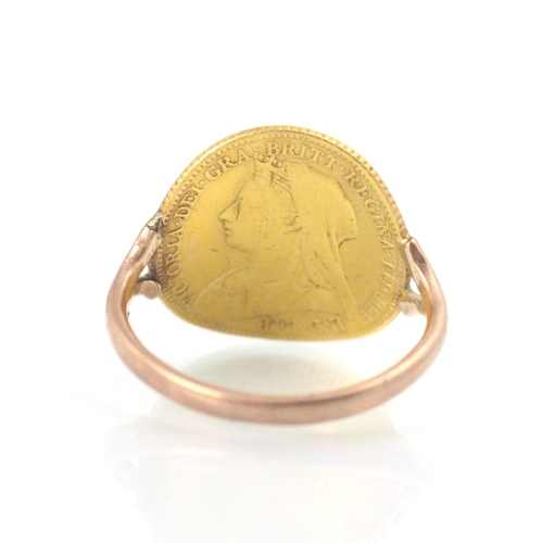 118 - A Victorian half sovereign mounted ring, dated 1898, mounted upon associated yellow metal shank, sta... 