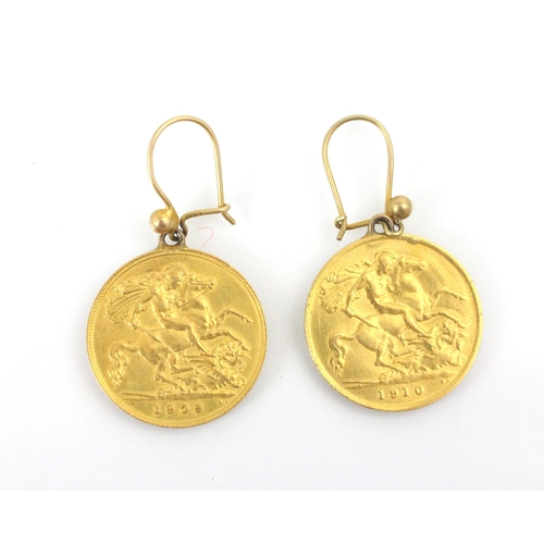 123 - A pair of Edward VII half sovereign set earrings, dated 1910 and 1909, with associated mounted sheph... 