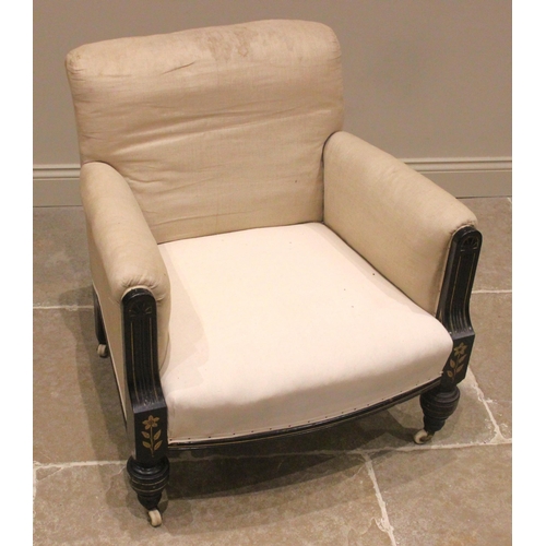 727 - A Victorian Aesthetic Movement armchair, the padded arms enclosing a gently bowed sprung seat, flank... 