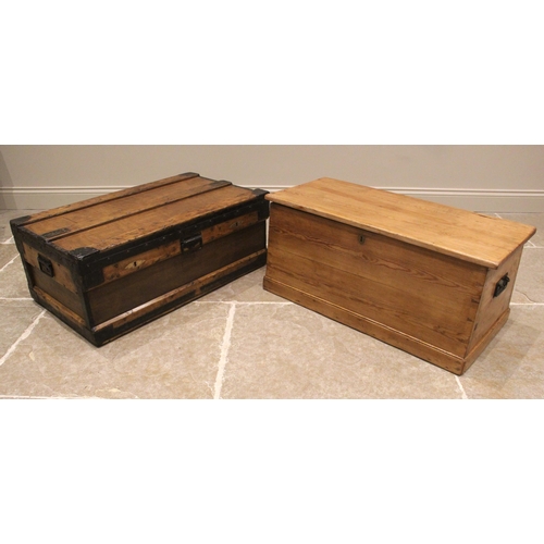 728 - A Victorian pine chest, of tapering form, applied with iron swing handles to the sides, upon a mould... 