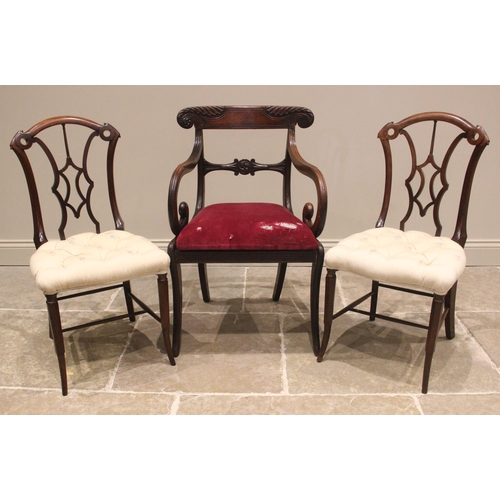 729 - A pair of rosewood bedroom chairs, mid 19th century, each formed with an arched top rail extending t... 