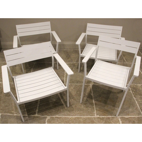 775 - A set of three powder coated Eos patio or garden chairs, by Case, of slatted construction upon a box... 