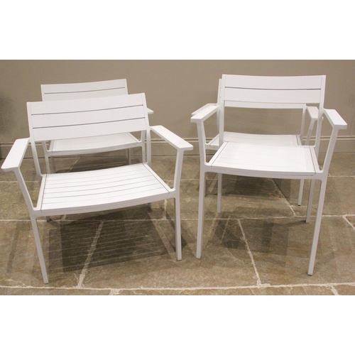 775 - A set of three powder coated Eos patio or garden chairs, by Case, of slatted construction upon a box... 